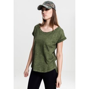 Women's long-back T-shirt in the shape of a spray with olive dye
