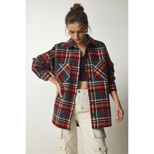 Happiness İstanbul Women's Gray Red Patterned Oversize Cachet Lumberjack Shirt