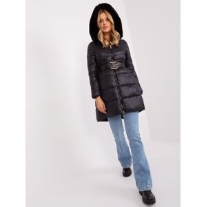 Black quilted winter jacket with belt