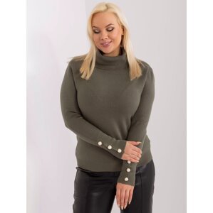 Khaki women's sweater with ribbed turtleneck plus size