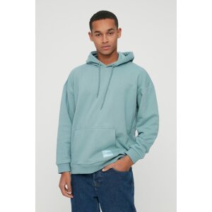 Trendyol Mint Men's Basic Hooded Oversized Sweatshirt with Labels and a Soft Pile Inside Cotton