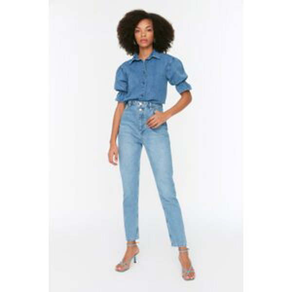 Trendyol Blue vysoké džínsy s vysokým pásom s dvojitým gombíkom detailné
