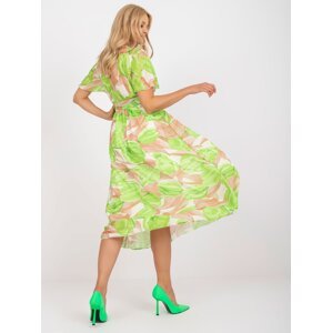Beige and green midi dress with colorful patterns