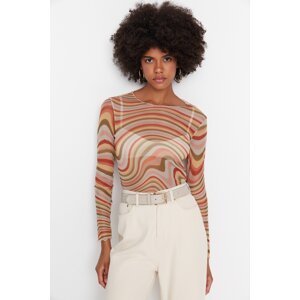 Trendyol Multi-colored Printed Crew Neck Long Sleeve Fitted/Situated Elastic Tulle Knitted Blouse