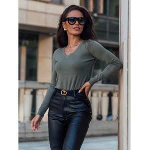 Fitted blouse with khaki V-neck