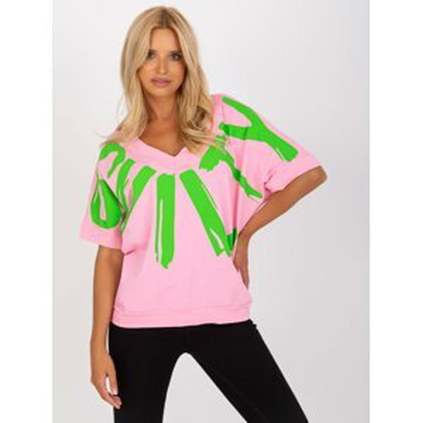 Pink and green blouse with print and neckline on back