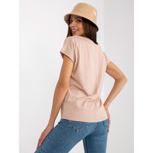 Basic beige women's T-shirt with V-neck