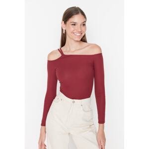 Trendyol Claret Red Asymmetrical Collar Long Sleeve Ribbed Flexible Knitted Body With Snaps