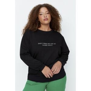 Trendyol Curve Black Slogan Off Shoulder Thin, Knitted Sweatshirt