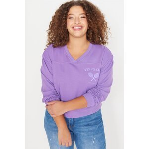 Trendyol Curve Purple Purple V-Neck Printed Thin Knitted Sweatshirt