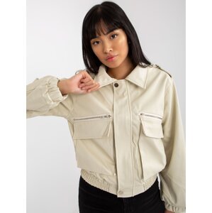 Light beige short eco-leather jacket with collar