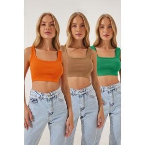 Happiness İstanbul Women's Green Biscuit Orange 3 Pack Strappy Crop Knitted Blouse