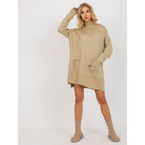 Beige long oversize sweater with pockets and turtleneck