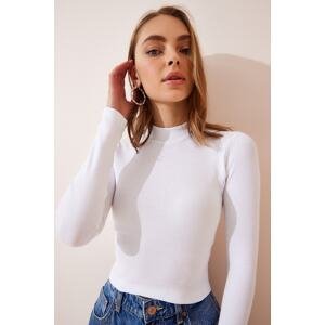 Happiness İstanbul Women's White Ribbed Turtleneck Crop Knitted Blouse