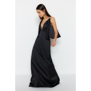 Trendyol Black Stone Strap detailné dlhé večerné šaty s výstrihom do V