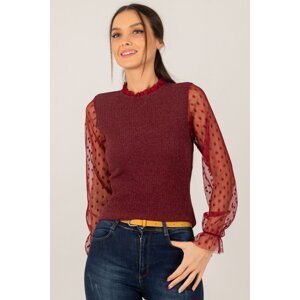 armonika Women's Burgundy Sleeve and Collar Tulle Ribbed Knitwear Sweater