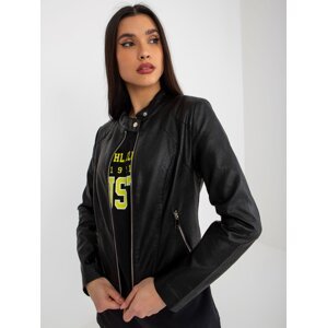 Black motorcycle jacket made of artificial leather with pockets