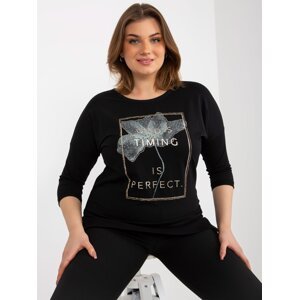 Black plus size blouse with application and inscription