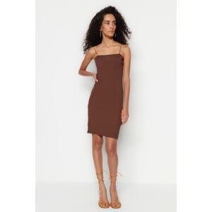 Trendyol Brown Square Neck Spaghetti Straps Ribbed Flexible Fitted Mini Knitted Dress
