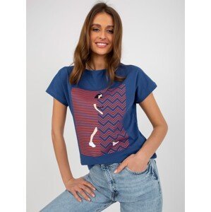 Dark blue women's cotton T-shirt with print
