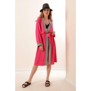 Bigdart 5865 Pletené dlhé kimono s výšivkou - Fuchsia