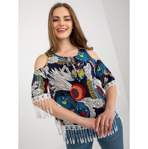 Dark blue summer blouse with print and fringe