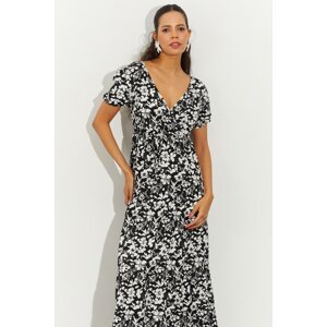 Cool & sexy dámske čiernobiele kvetinové dvojradové krepové midi šaty