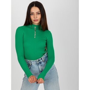 Lady's green ribbed turtleneck blouse