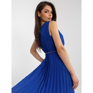 Cobalt blue pleated midi dress with belt