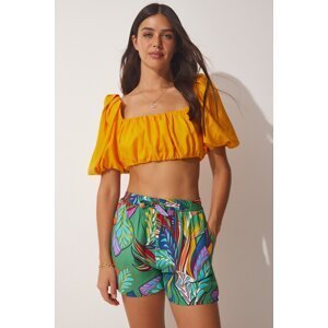 Happiness İstanbul Women's Orange Green High Waist Summer Viscose Shorts
