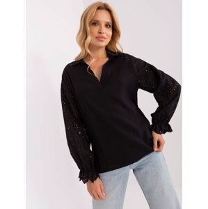 Black shirt blouse with openwork sleeves
