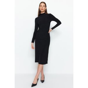 Trendyol čierne zahalené detailné stand up A-line flexibilné midi pletené šaty
