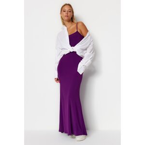 Trendyol fialové vypasované/nasúvacie Maxi, flexibilné pletené šaty s ramienkami