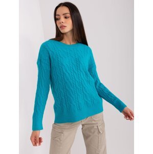 Turquoise sweater with cables and cuffs
