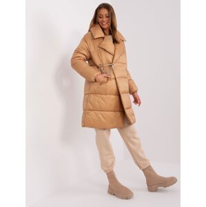 Camel winter quilted jacket with pockets