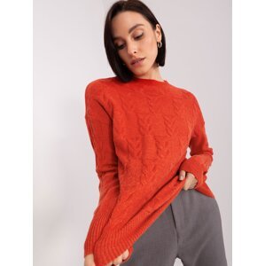 Dark orange sweater with cables and a round neckline
