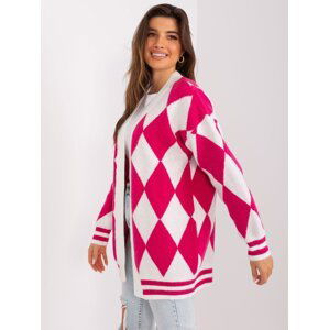 Ecru and fuchsia cardigan with diamond pattern