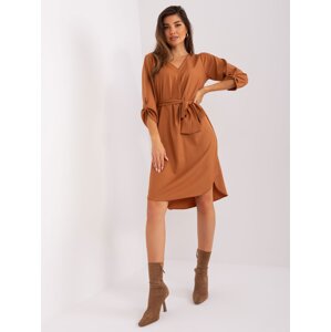 Light brown plain dress with a triangle neckline RUE PARIS