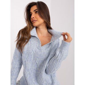 Light blue melange women's sweater with cables