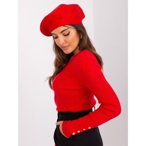 Red women's beret with appliqué
