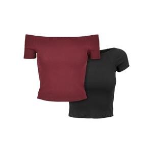 Women's T-Shirt Off Shoulder Rib Tee 2-Pack Redburgundy+Black