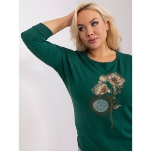 Dark green plus size casual blouse with rhinestones