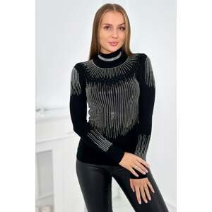 Knitted turtleneck blouse with cubic zirconia motif black