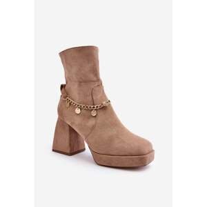Women's high-heeled ankle boots with chain, beige Tiselo