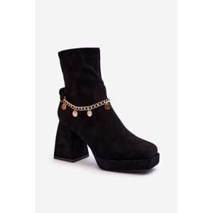 Women's high-heeled ankle boots with chain black Tiselo