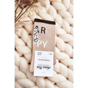 Beige women's cotton socks with inscription and teddy bear