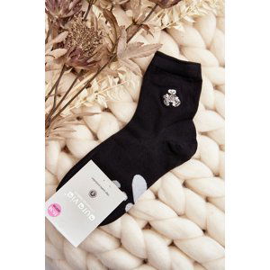 Women's cotton socks with teddy bear appliqué, black