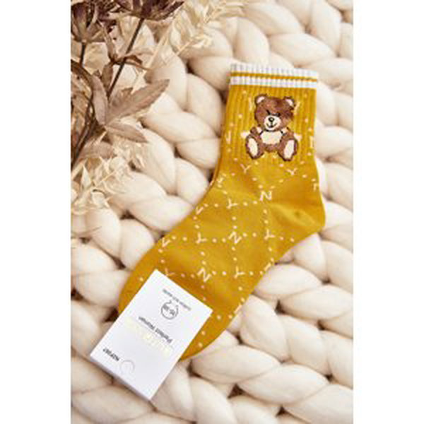Patterned socks for women with teddy bear, yellow