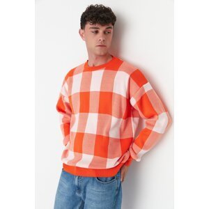 Trendyol Orange Men's Oversize Fit Wide Fit Crew Neck Checked Patterned Knitwear Sweater