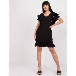 Black cotton casual dress with frill